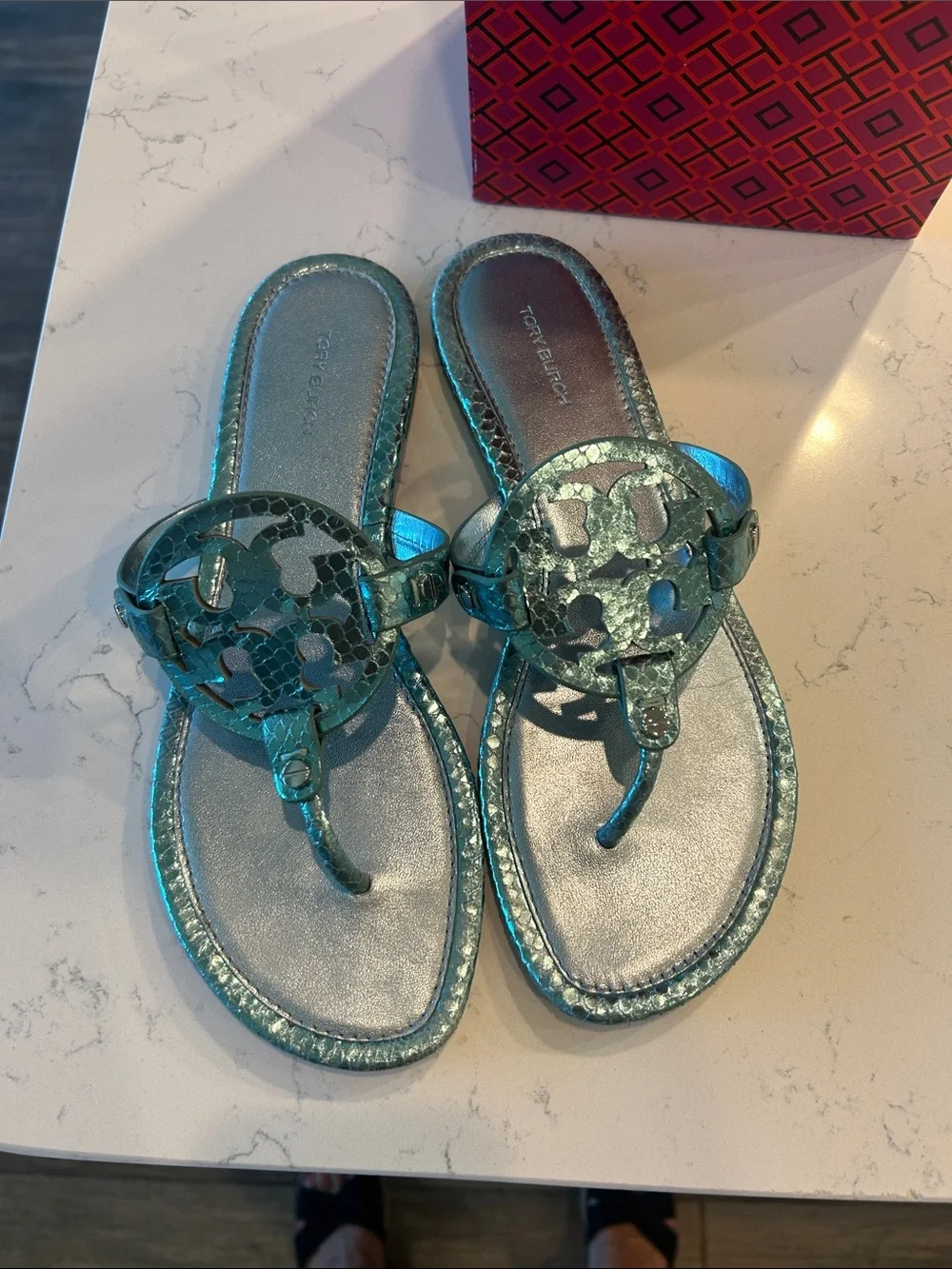 Tory Burch Metallic embossed snake Miller Logo Thong Sandals. in Laguna Green. - Picture 1 of 6